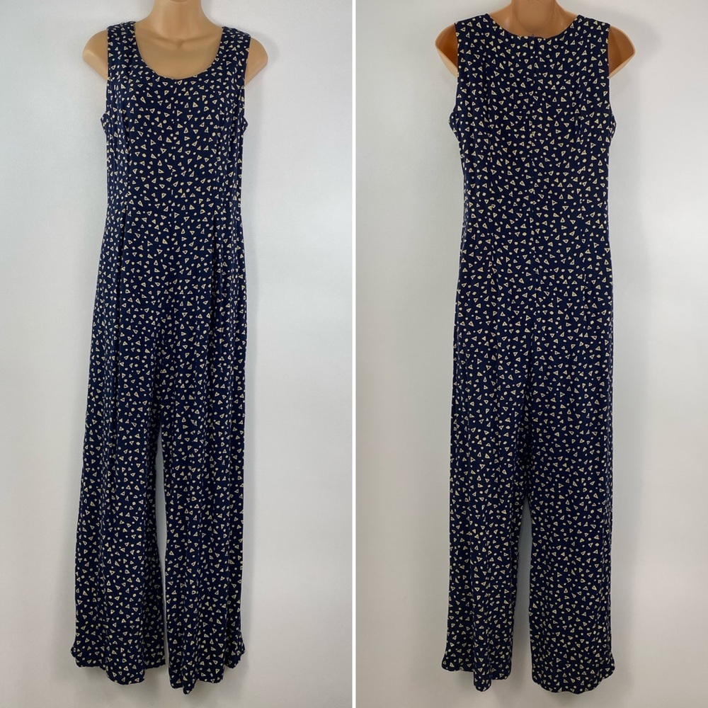 90s Vtg Navy Tan Print Romper Jumpsuit Pants Small Medium 6 Flowy Geo Tribal